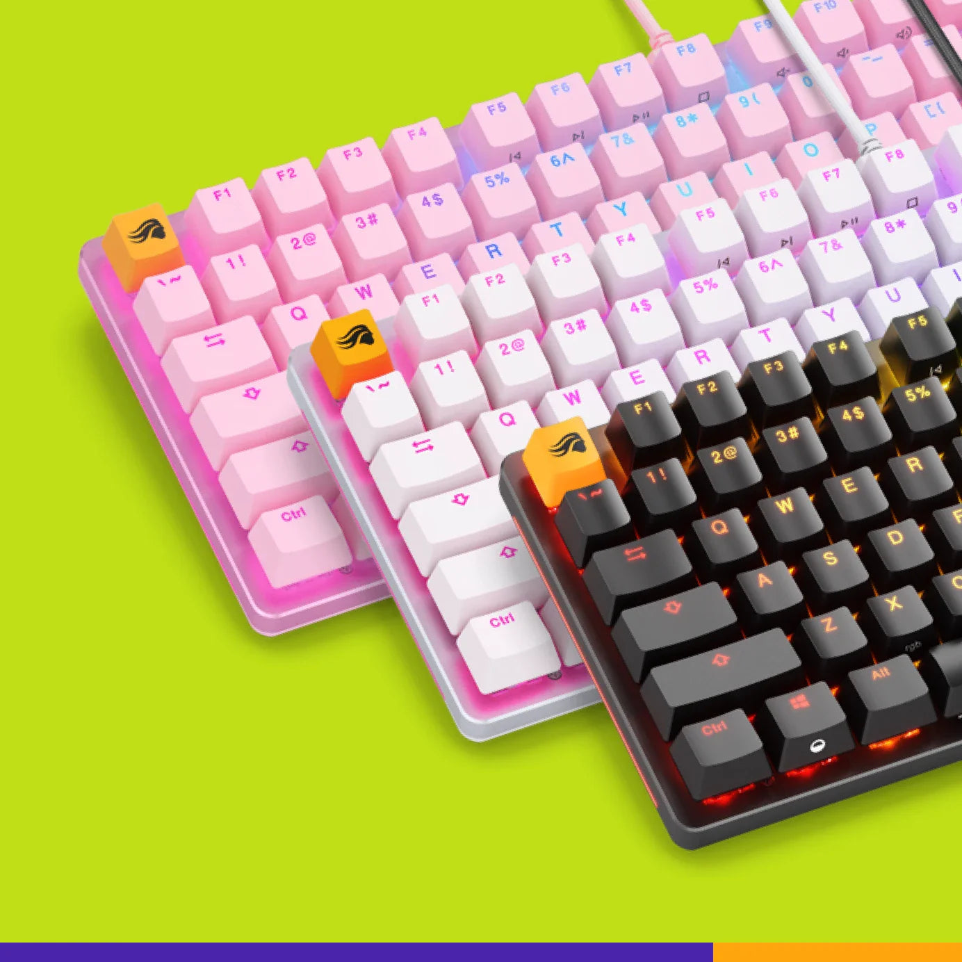 Pink, White, and Black prebuilt GMMK 2 keyboards on a bright green background